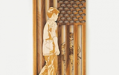 “Land of Freedom, Home of Courageous” (2018) – Laser engraved and cut digital illustration, glue, varnish on wood (12x24x1 in).  JAVE YOSHIMOTO