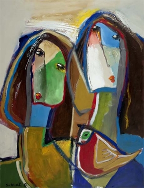 cubism painting of two women and bird