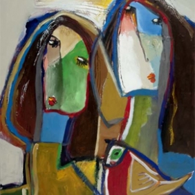 cubism painting of two women and bird